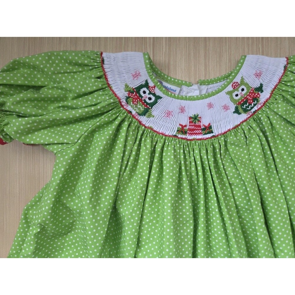Candyland Girl's 6 Green Red Polka Dots Holiday Owl Smocked Puff Sleeves Dress